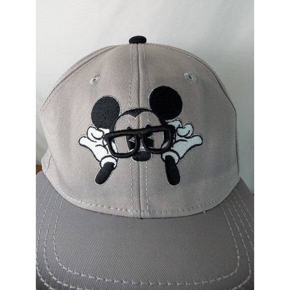 Disney Parks Mickey Mouse Glasses Flat Brim Hat Gray Snap Back Embroidered Cap - Picture 2 of 11